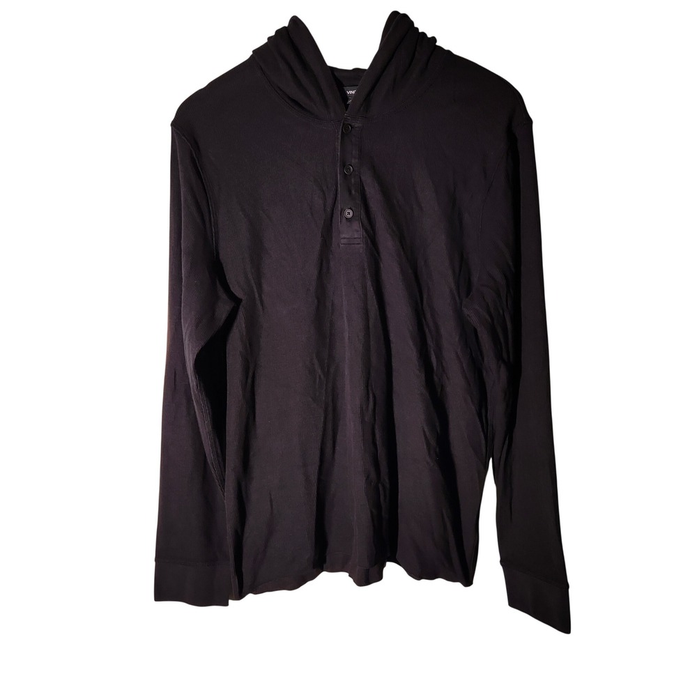 Vince Henley Hoodie Men's Large Black Waffle Knit Thermal Cotton Modal